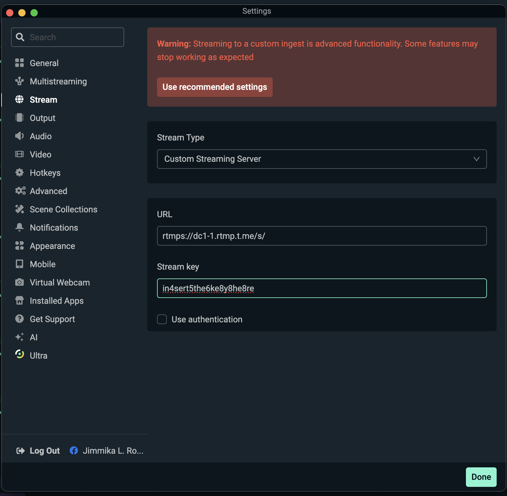 streamlabs desktop custom ingest settings